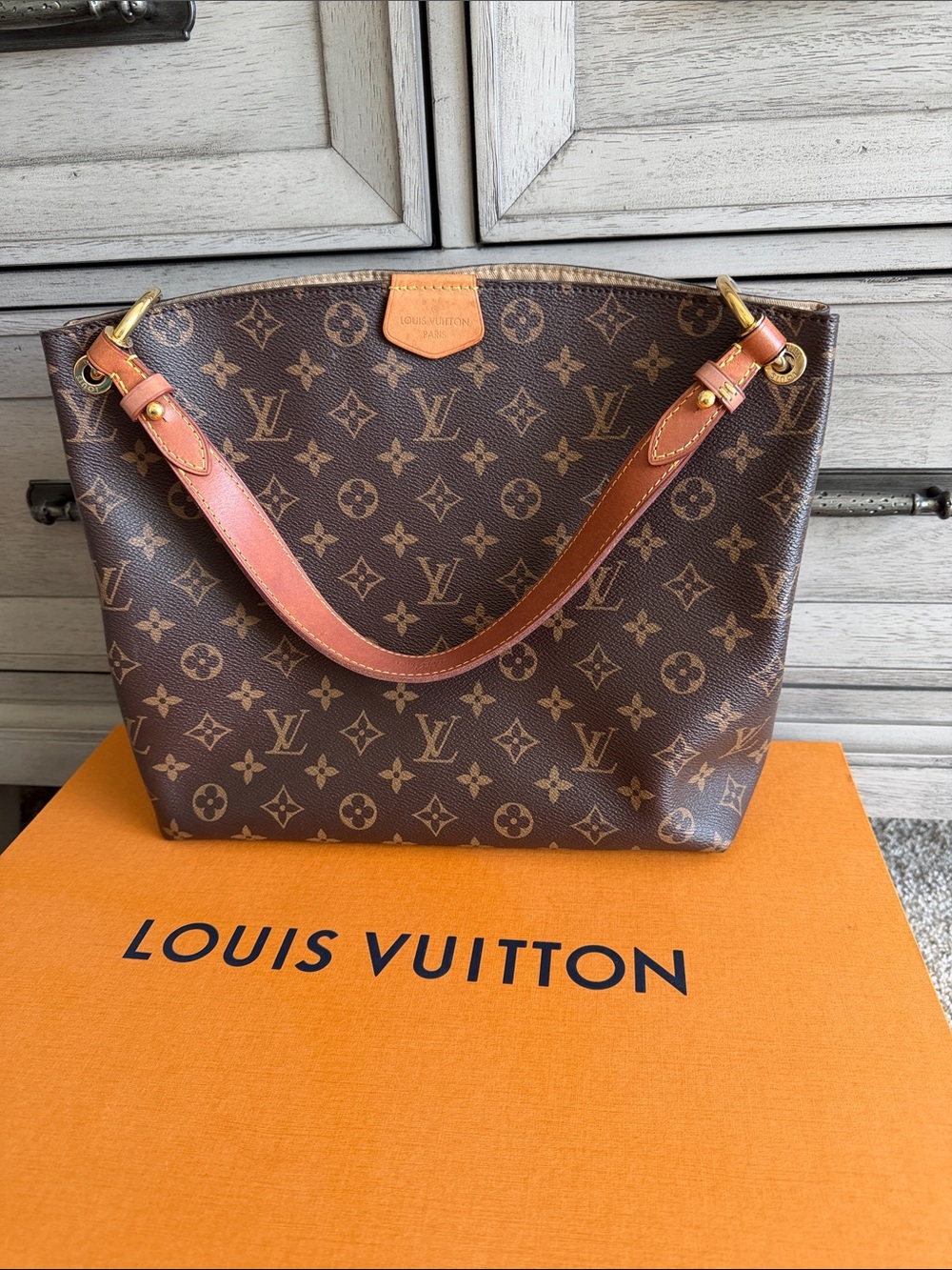 Louis Vuitton Monogram Canvas Shoulder Bag with Tan Leather Trim